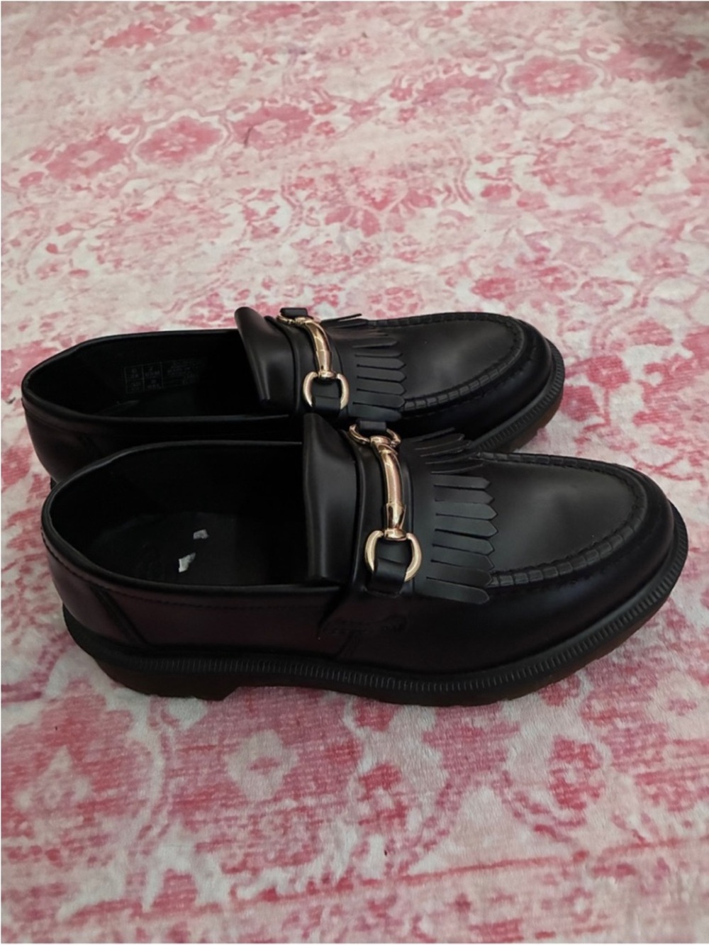 Dr. Martens Black Leather Kiltie Loafers with Gold Hardware